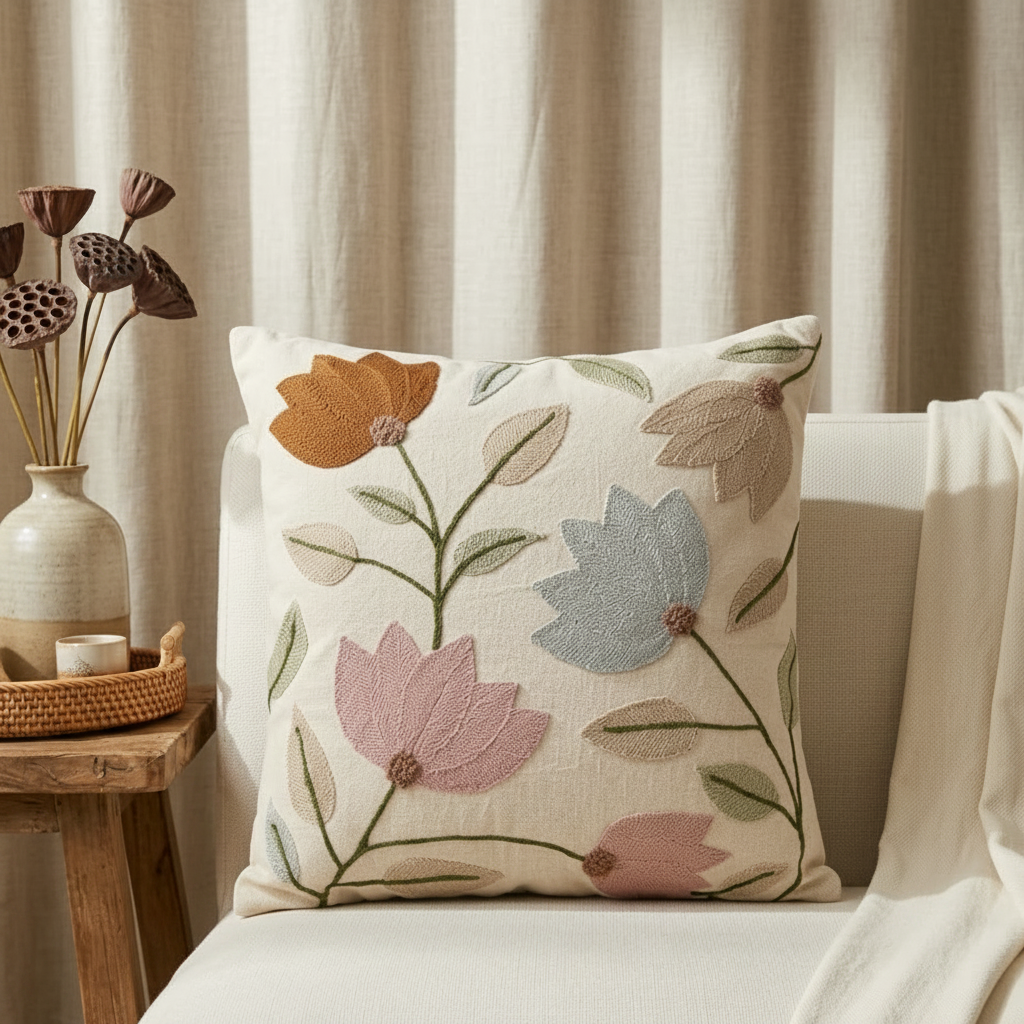 A square throw pillow with embroidered floral patterns in pink, orange, and blue on a cream background, styled on a beige armchair with a draped throw blanket and a side table with dried flowers.