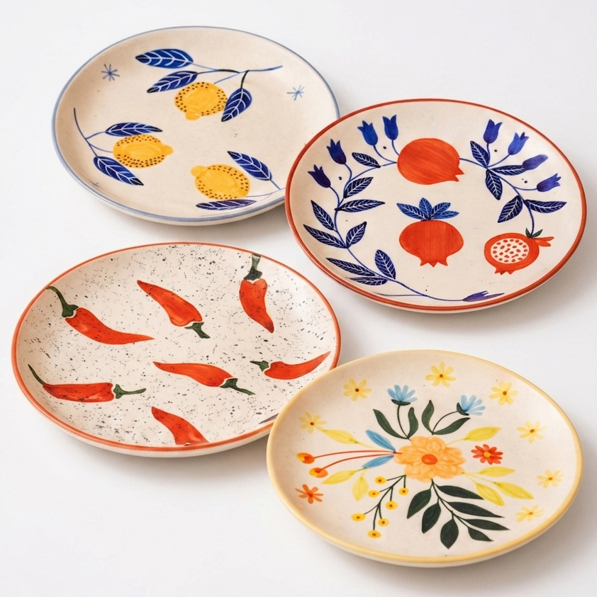Lemon Anaar Mirchi Floral Plates Combo - Buy 3 Get 1 Free