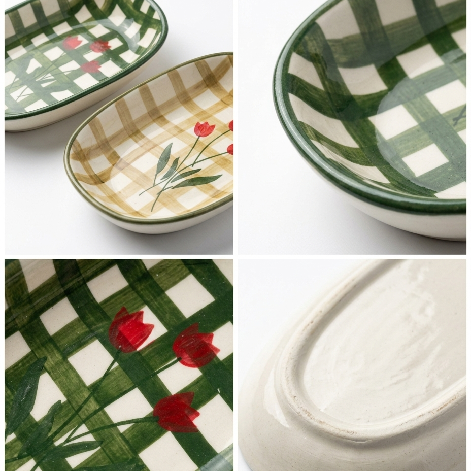 Hand-Painted Floral Checkered Design Ceramic Oval Platters - Set of 2