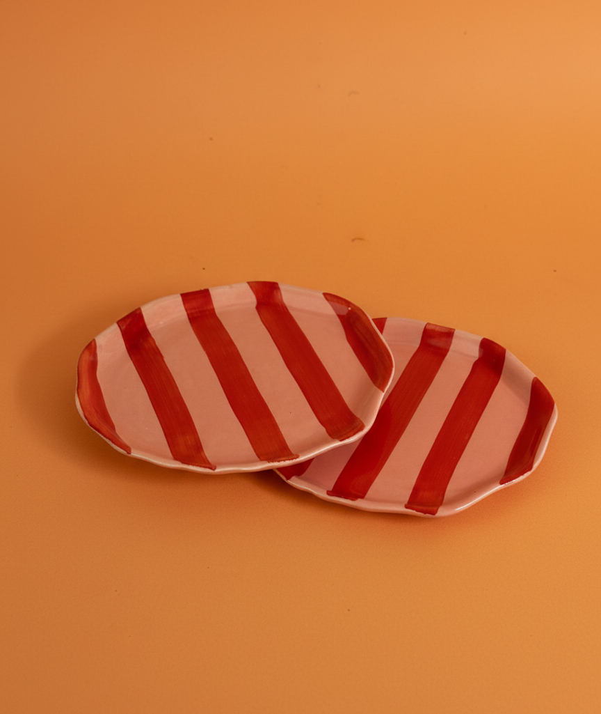 Handmade Ceramic Striped Side Plates - Red and Pink Glossy Glaze - Set of 2