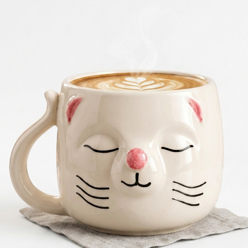 Cute 3D Cat Face Ceramic Coffee Mug with Tail Handle