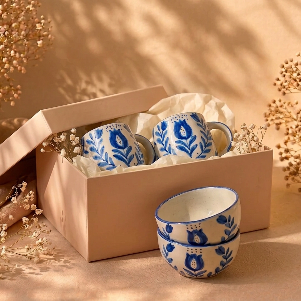 Blue Blossom Ceramic Mug & Bowl Set  of 4 - Gift Box
