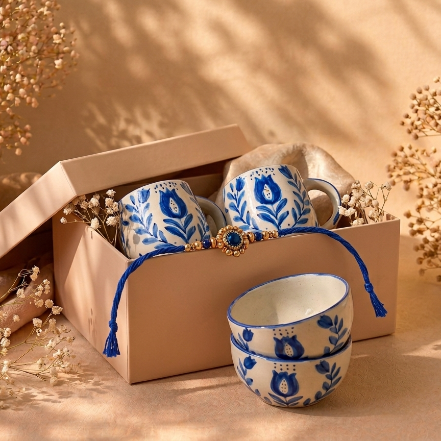 Blue Blossom Ceramic Mug & Bowl Set  of 4 - Hamper Set