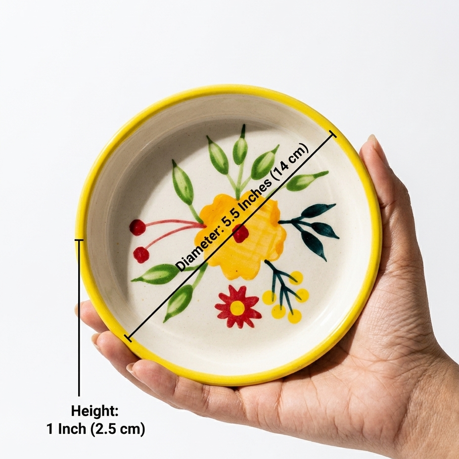 A hand holds a small hand-painted ceramic bowl against a white background. The bowl has a yellow rim and a floral design with a yellow flower, green leaves, and red and yellow berries on a cream-colored glaze.