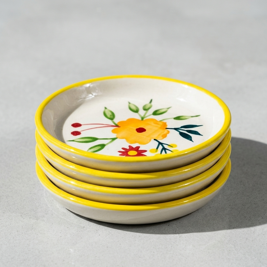 A stack of four small round ceramic plates with a white base, yellow rim, and a colorful floral design, set on a light gray surface.