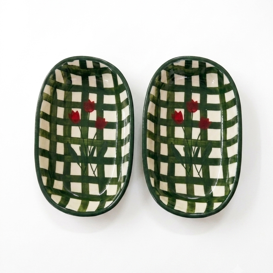 Hand-Painted Floral Checkered Design Ceramic Oval Platters - Set of 2 (Green )