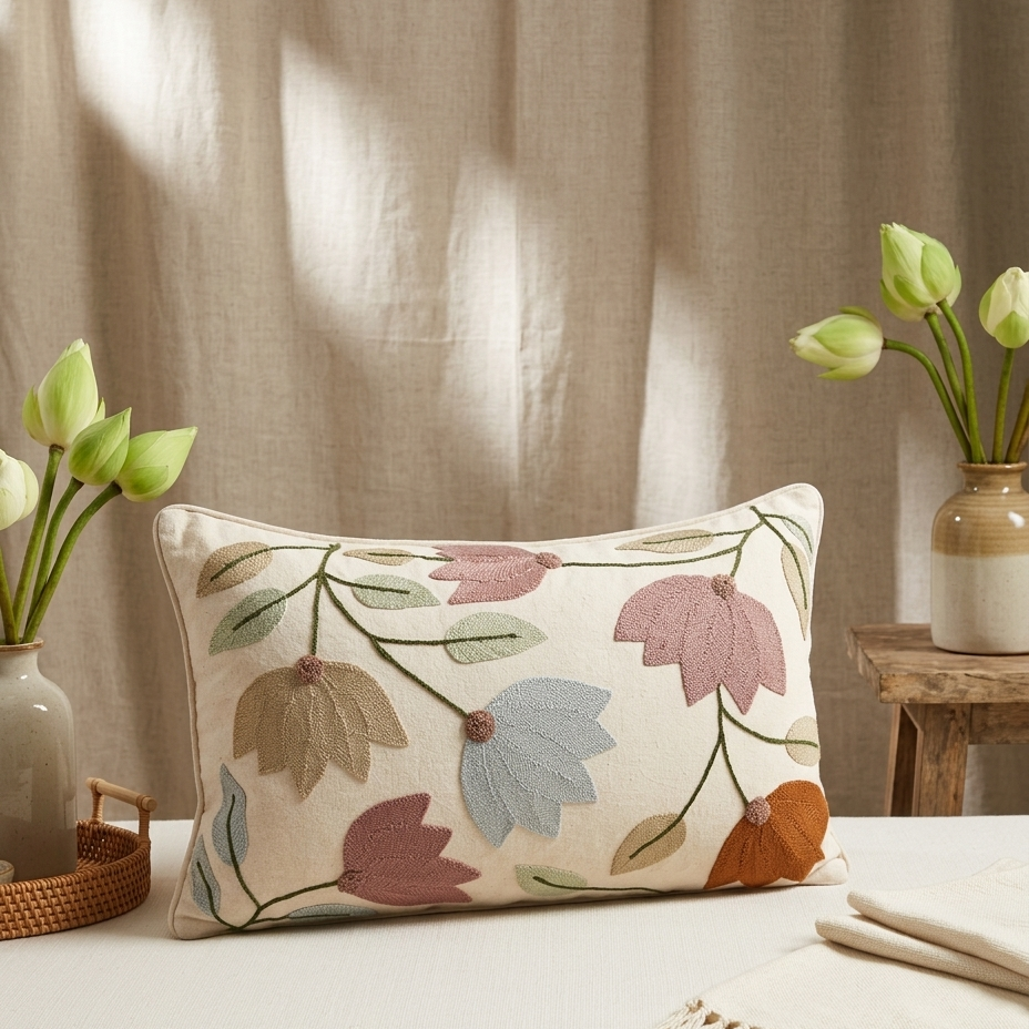 Lotus Embroidered Lumbar Cushion