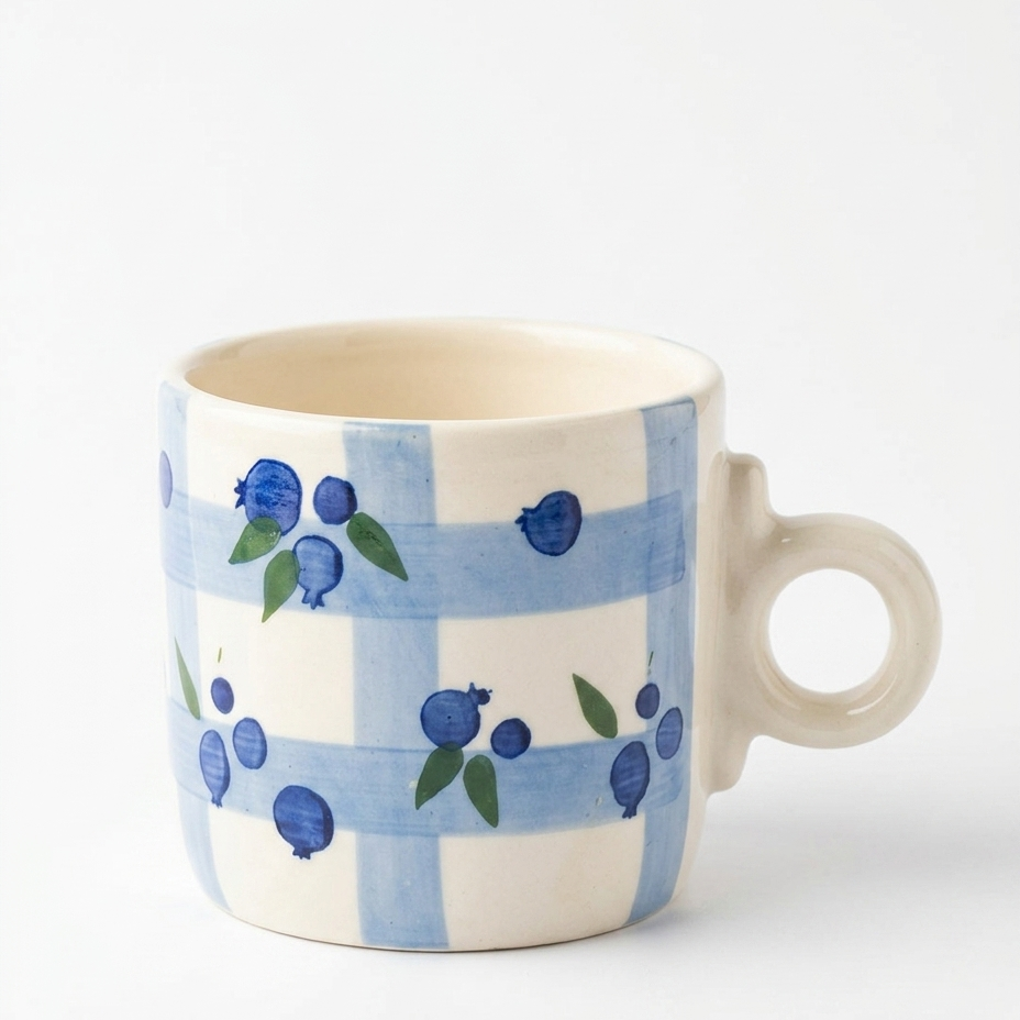 Hand-Detailed Blueberry Lattice Stoneware Mug - Unique Circular Ring Grip Cup