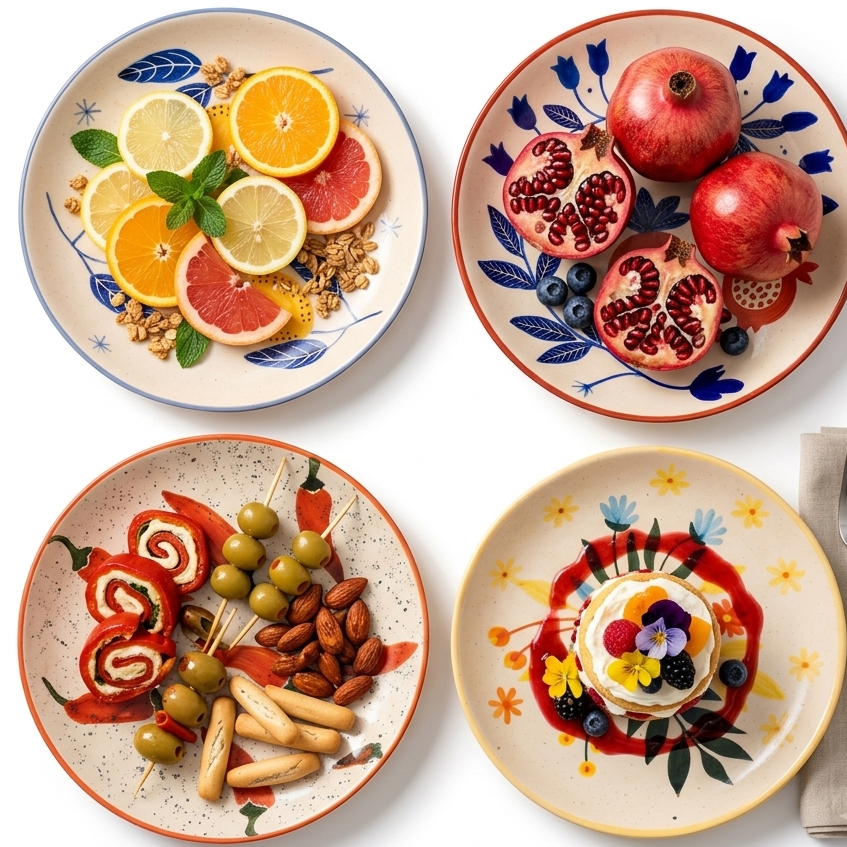 Lemon Anaar Mirchi Floral Plates Combo - Buy 3 Get 1 Free