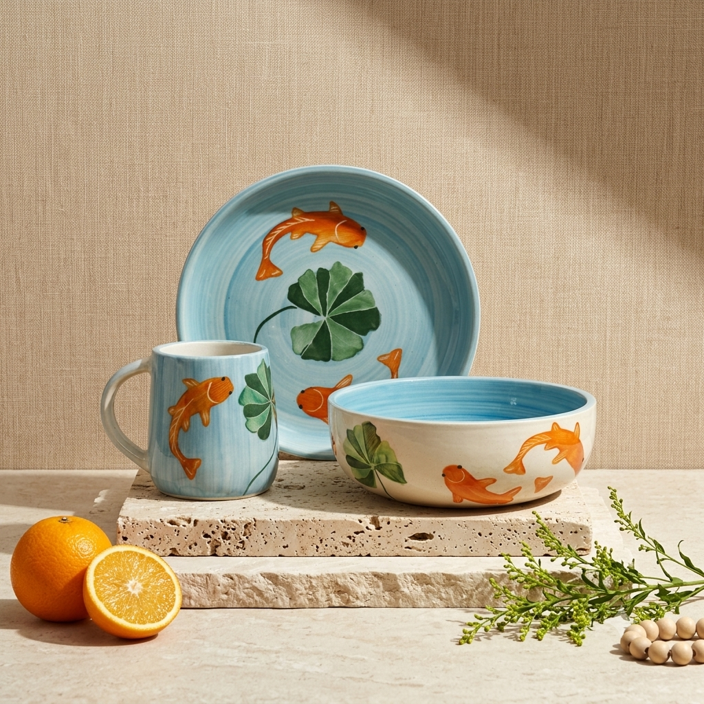 Koi Mulaqaat Fish Handpainted Ceramic Breakfast Set of 3