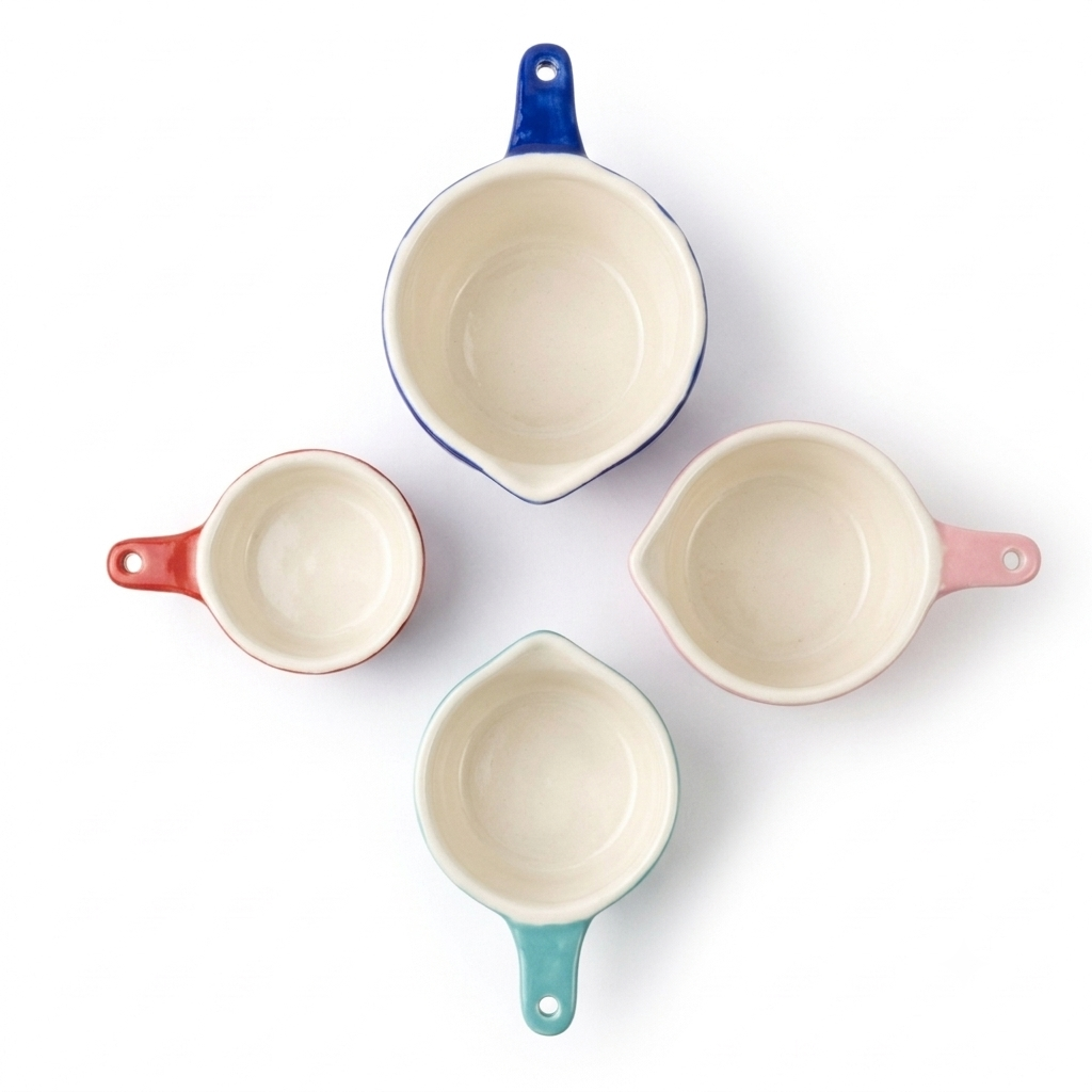 Set of 4 Multicolored Ceramic Measuring Cups - Hand-Painted Heart Nesting Baking Tools