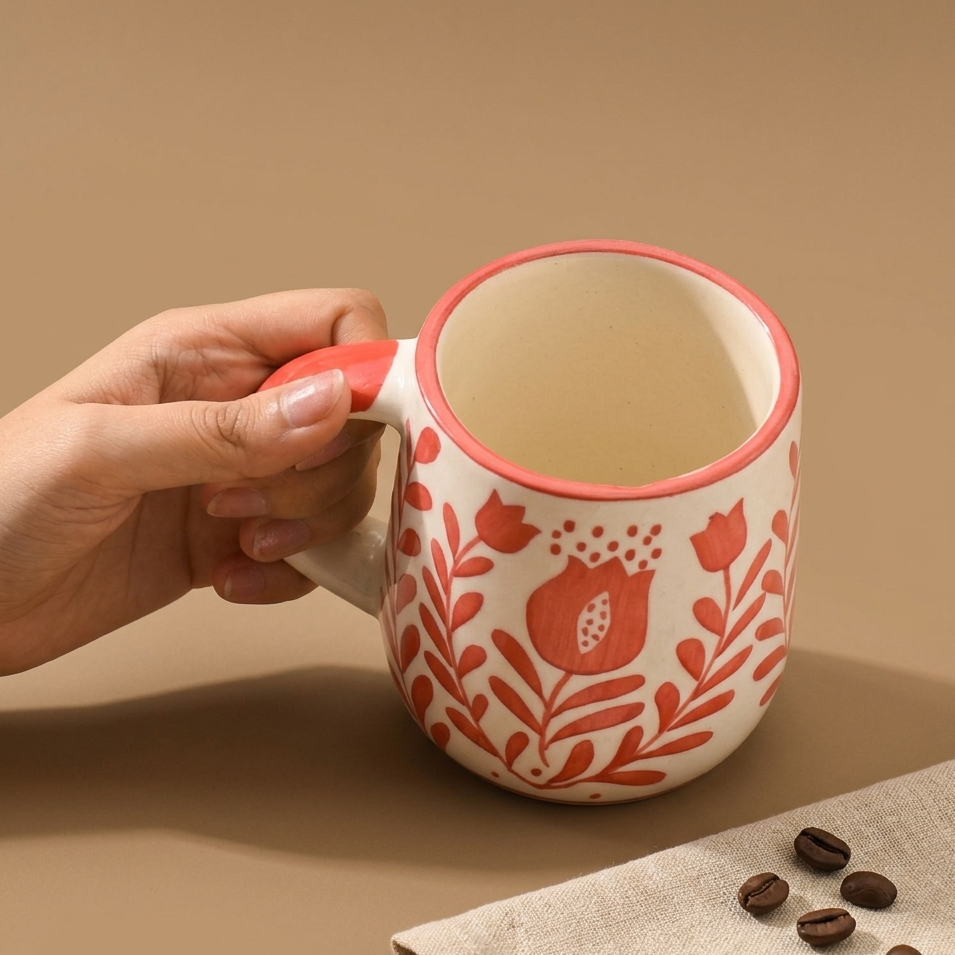 Anaar & Floral Folk Art Ceramic Mug (Red )