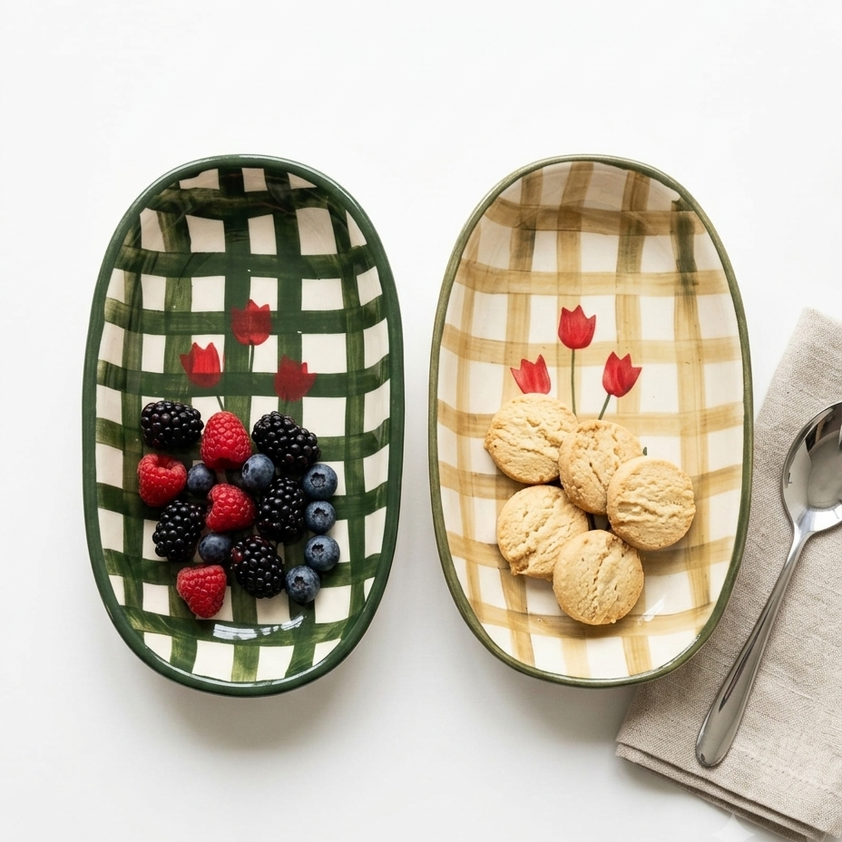 Hand-Painted Floral Checkered Design Ceramic Oval Platters - Set of 2