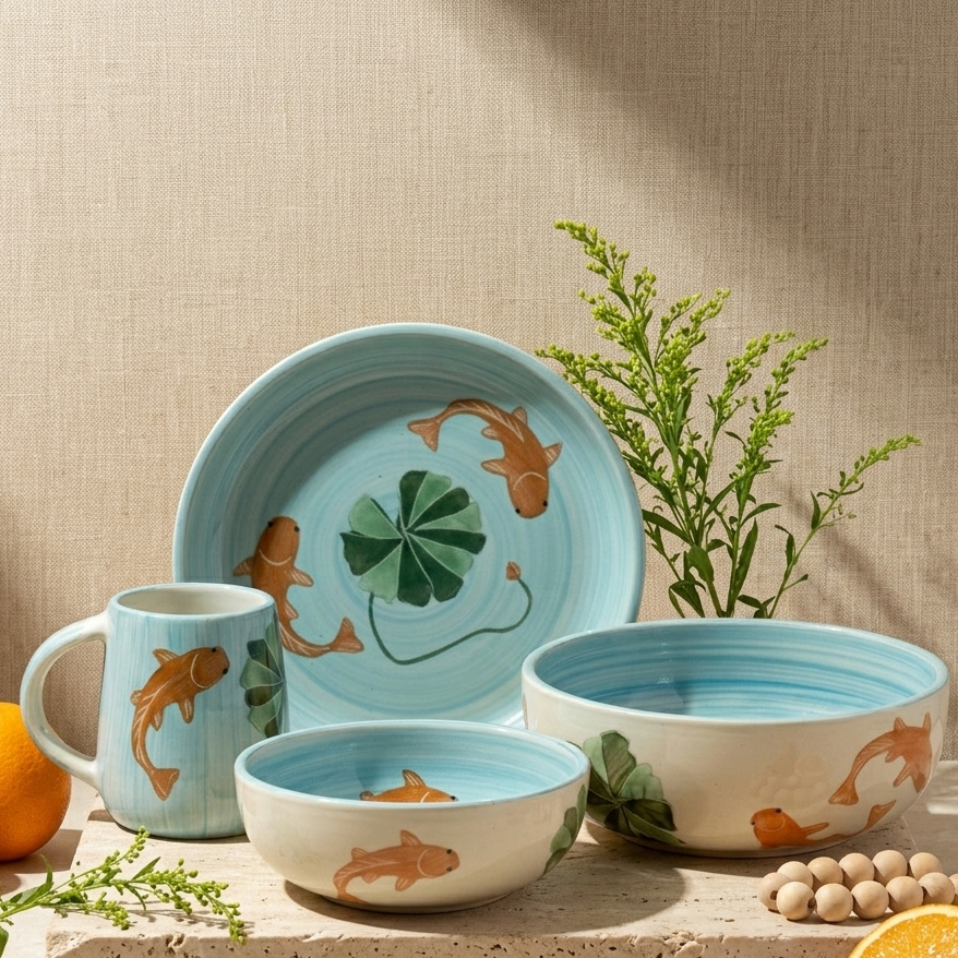 Koi Mulaqaat Fish Handpainted Ceramic Breakfast Set of 4