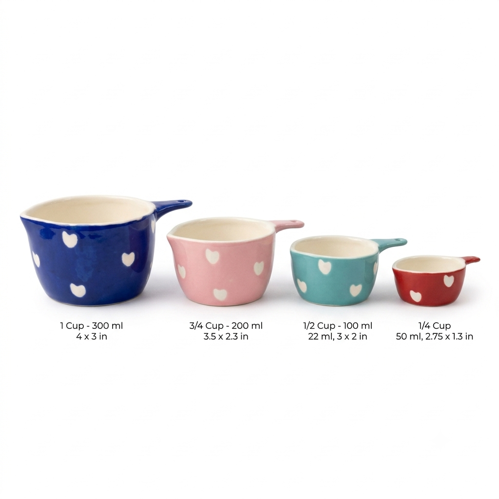 Set of 4 Multicolored Ceramic Measuring Cups - Hand-Painted Heart Nesting Baking Tools