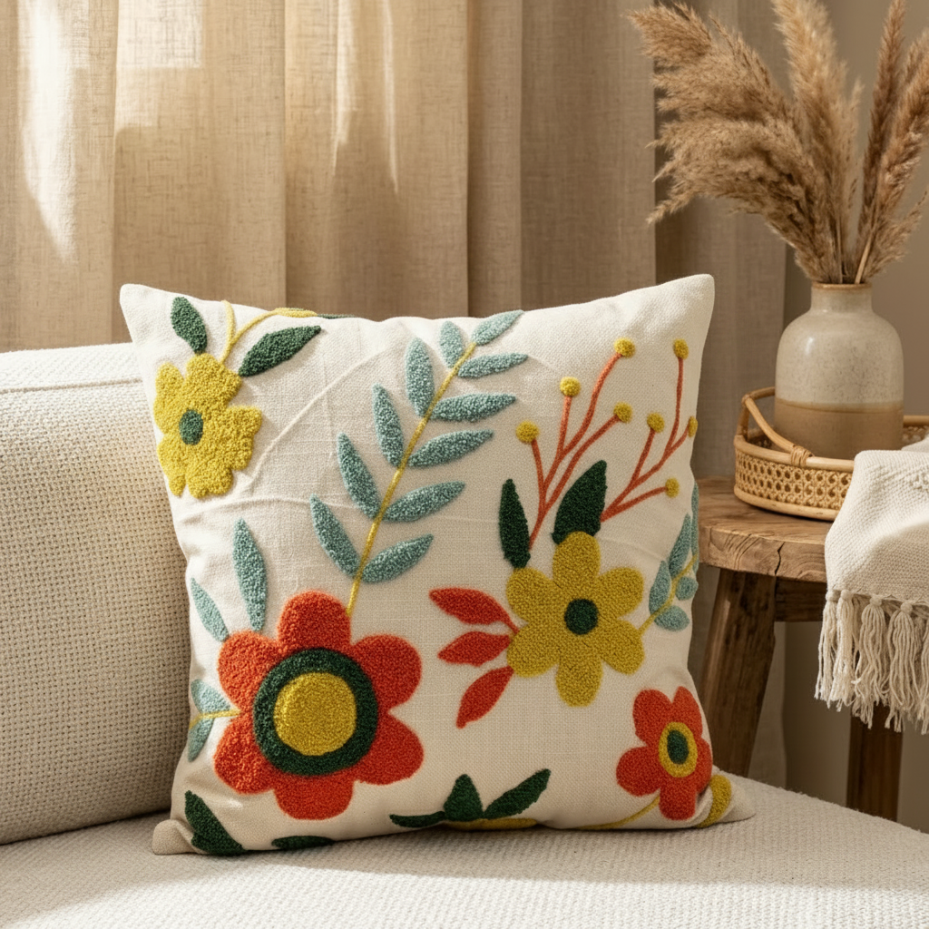A square decorative throw pillow with embroidered floral patterns in red, yellow, and green on a cream linen background, styled on a beige sofa in a warm, sunlit room.