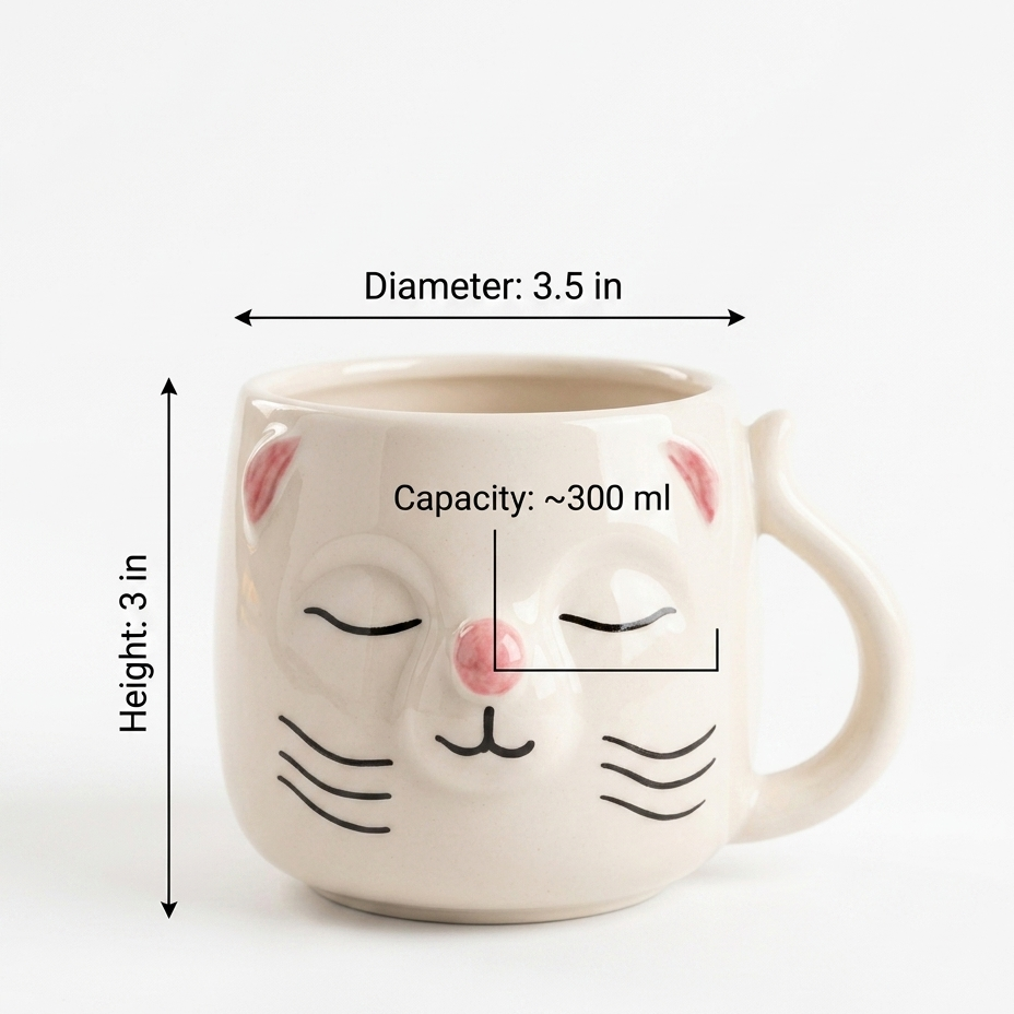 Cute 3D Cat Face Ceramic Coffee Mug with Tail Handle