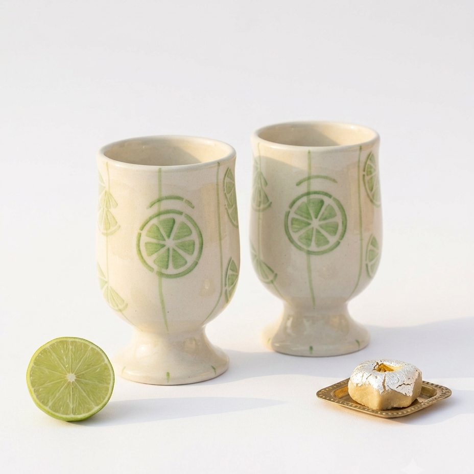 Sweet Lime Hand‑Painted Ceramic Pedestal Juice Glass –Set of 2 (260ml)