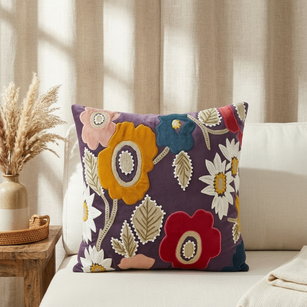 A square decorative throw pillow with a colorful floral patchwork design in purple, yellow, red, blue, and white, resting on a cream-colored sofa in a sunlit living room setting.