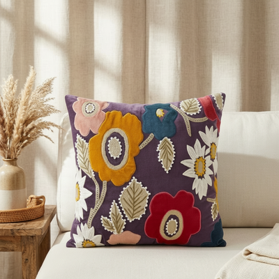 Violet Velvet Cushion Cover Applique Embroidery - 16x16 inches