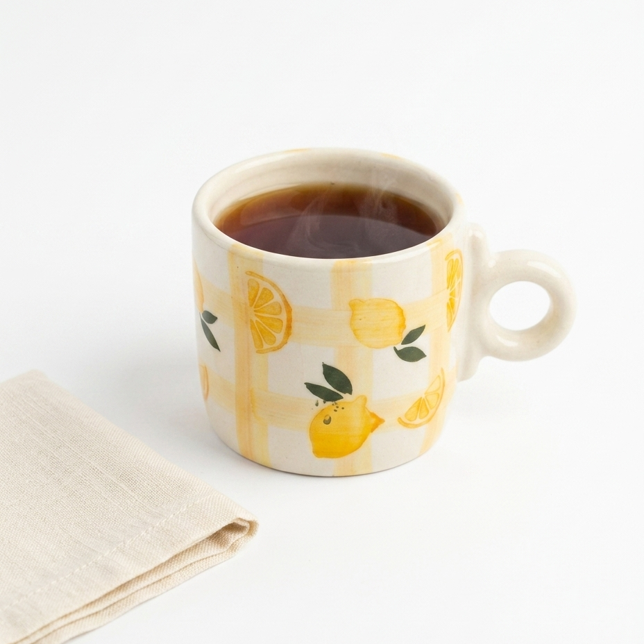 Handcrafted Lemon Ceramic Mug – 300 ml | Yellow Check Pattern Cup