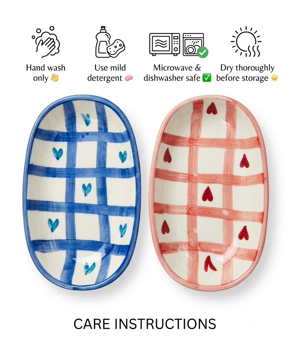 Cute Gingham & Heart Print Ceramic Oval Platters – Set of 2