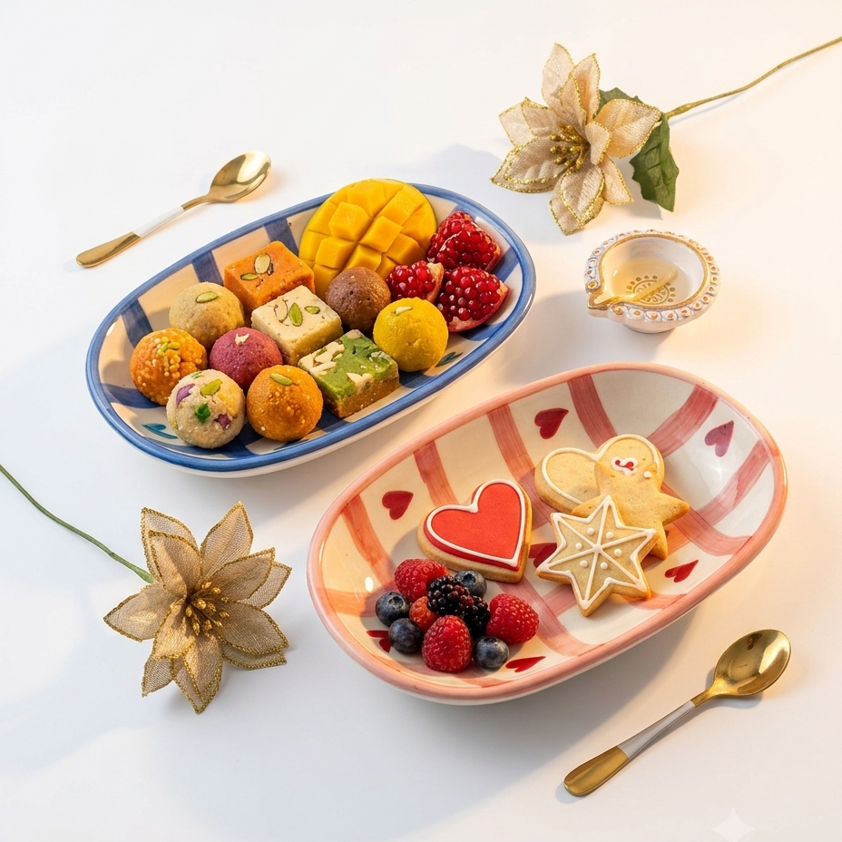 Cute Gingham & Heart Print Ceramic Oval Platters – Set of 2