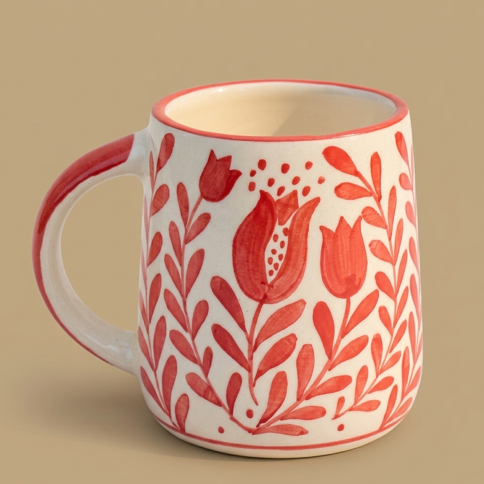Anaar & Floral Folk Art Ceramic Mug (Red )
