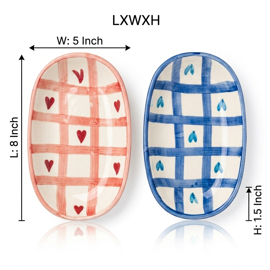 Cute Gingham & Heart Print Ceramic Oval Platters – Set of 2