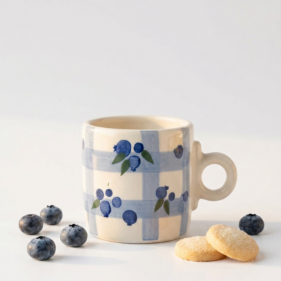 Hand-Detailed Blueberry Lattice Stoneware Mug - Unique Circular Ring Grip Cup