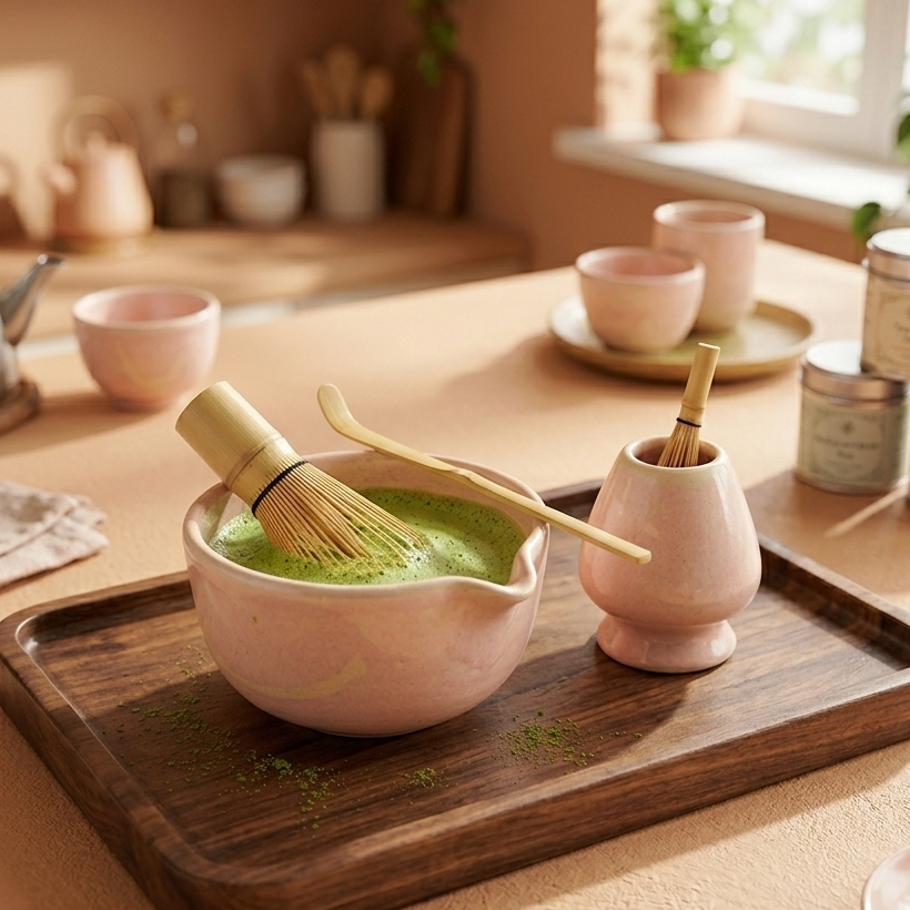Pastel Pink Matcha Bowl & Whisk Holder Set