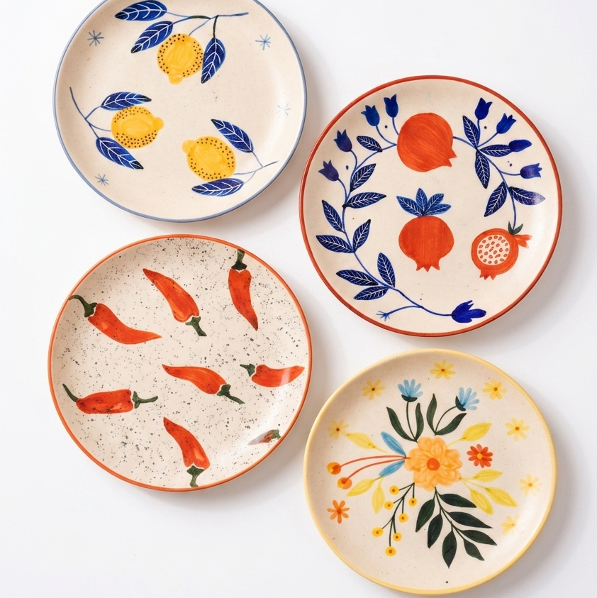 Lemon Anaar Mirchi Floral Plates Combo - Buy 3 Get 1 Free