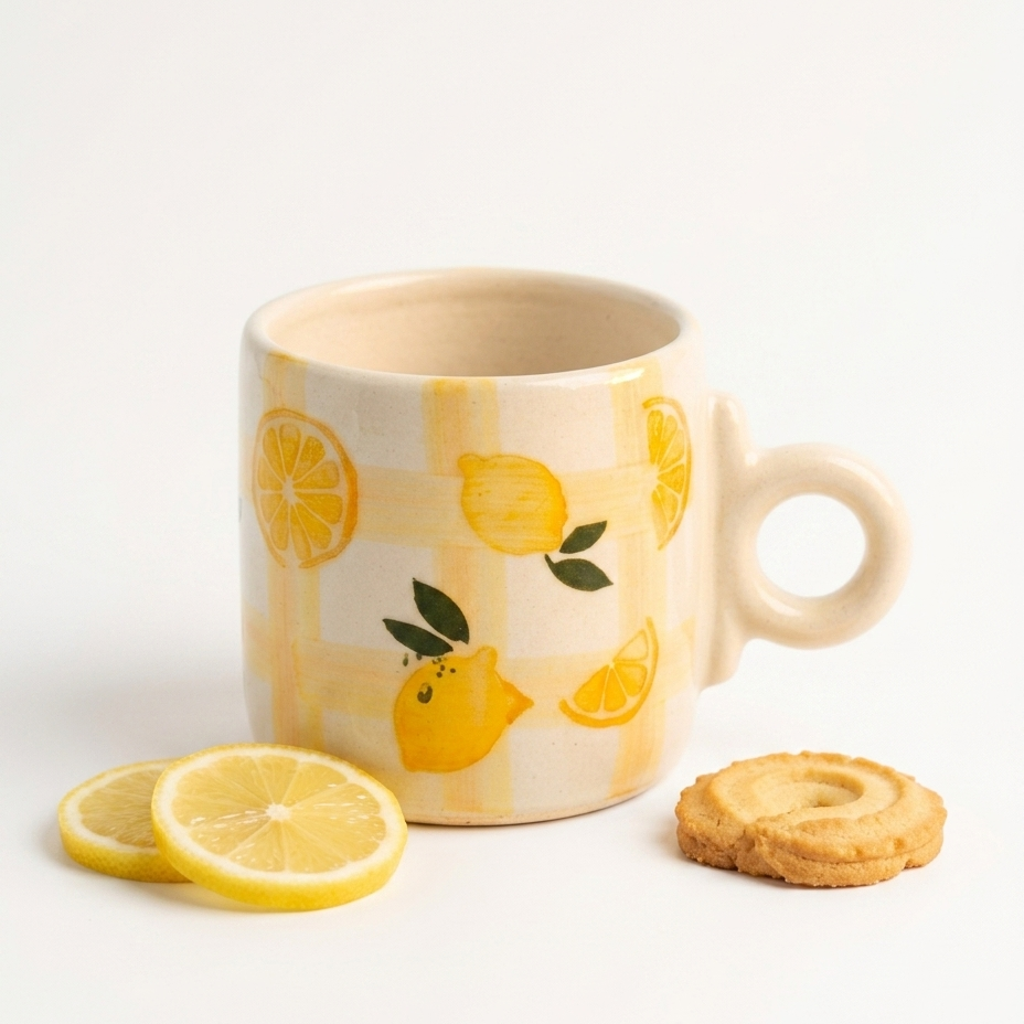 Handcrafted Lemon Ceramic Mug – 300 ml | Yellow Check Pattern Cup