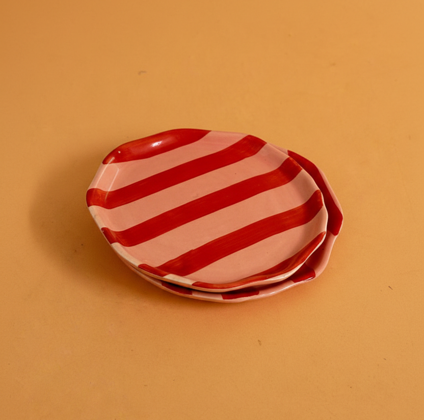 Handmade Ceramic Striped Side Plates - Red and Pink Glossy Glaze - Set of 2