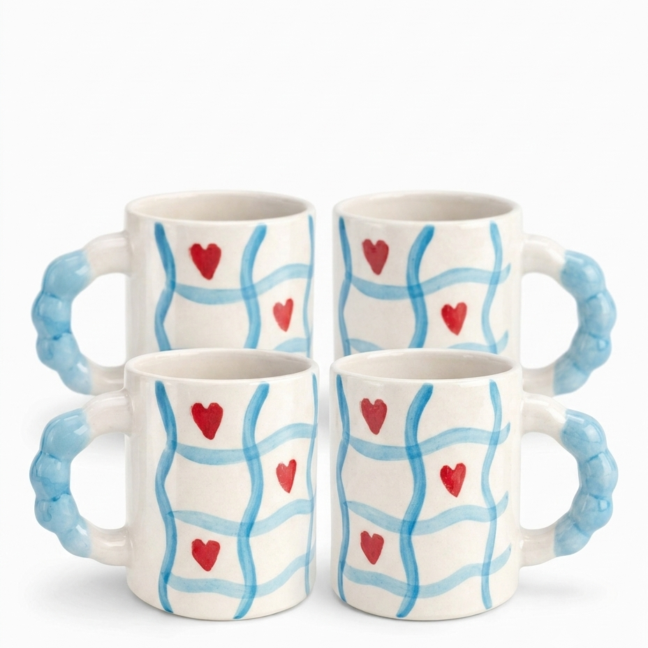 Heart Grid Handpainted Ceramic Mug – Sky Blue Handle