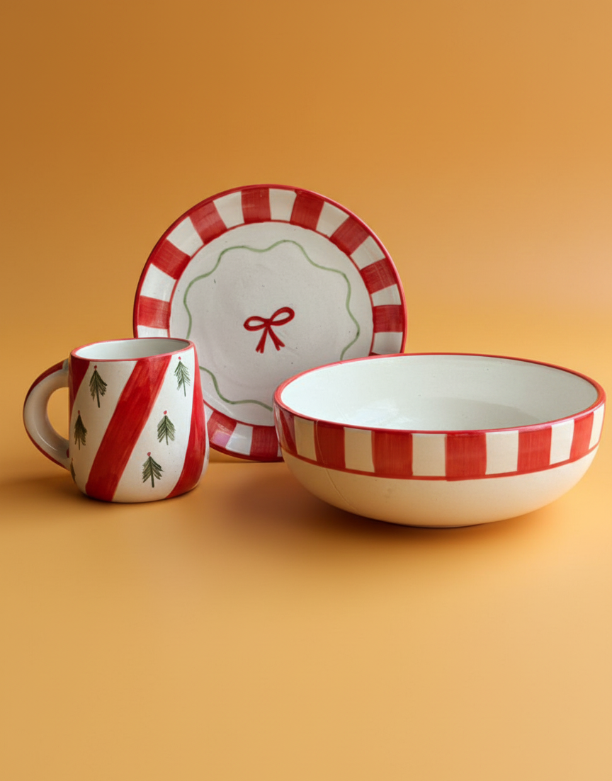 Candy Cane Bow Red Ceramic Set of 3