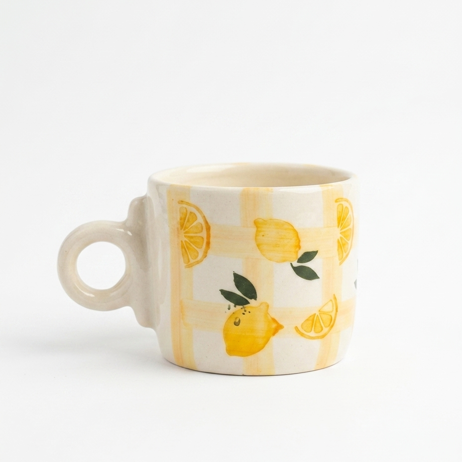 Handcrafted Lemon Ceramic Mug – 300 ml | Yellow Check Pattern Cup