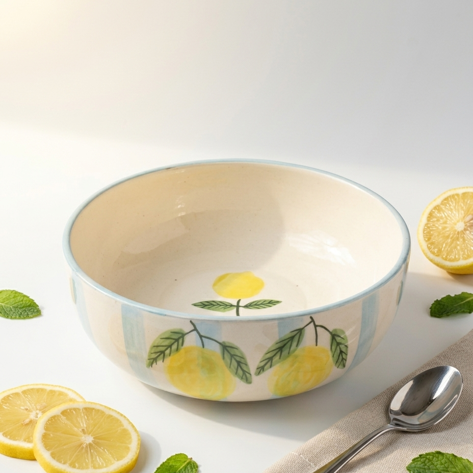 Lemon Stripe Elegance Ceramic Bowl - Large