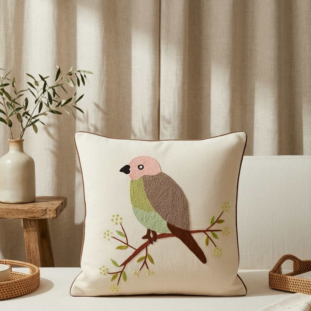 Birdie on a Tree Embroidered Cushion Cover- 16x16inches