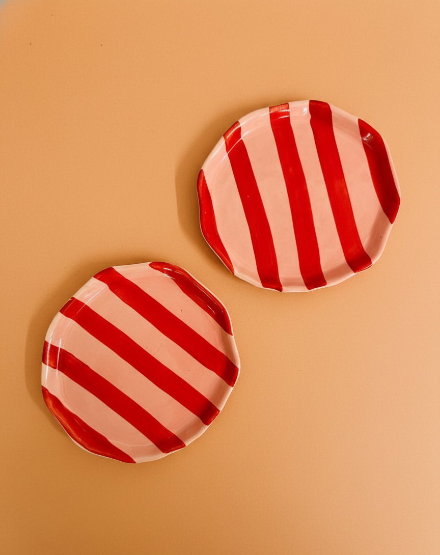 Handmade Ceramic Striped Side Plates - Red and Pink Glossy Glaze - Set of 2
