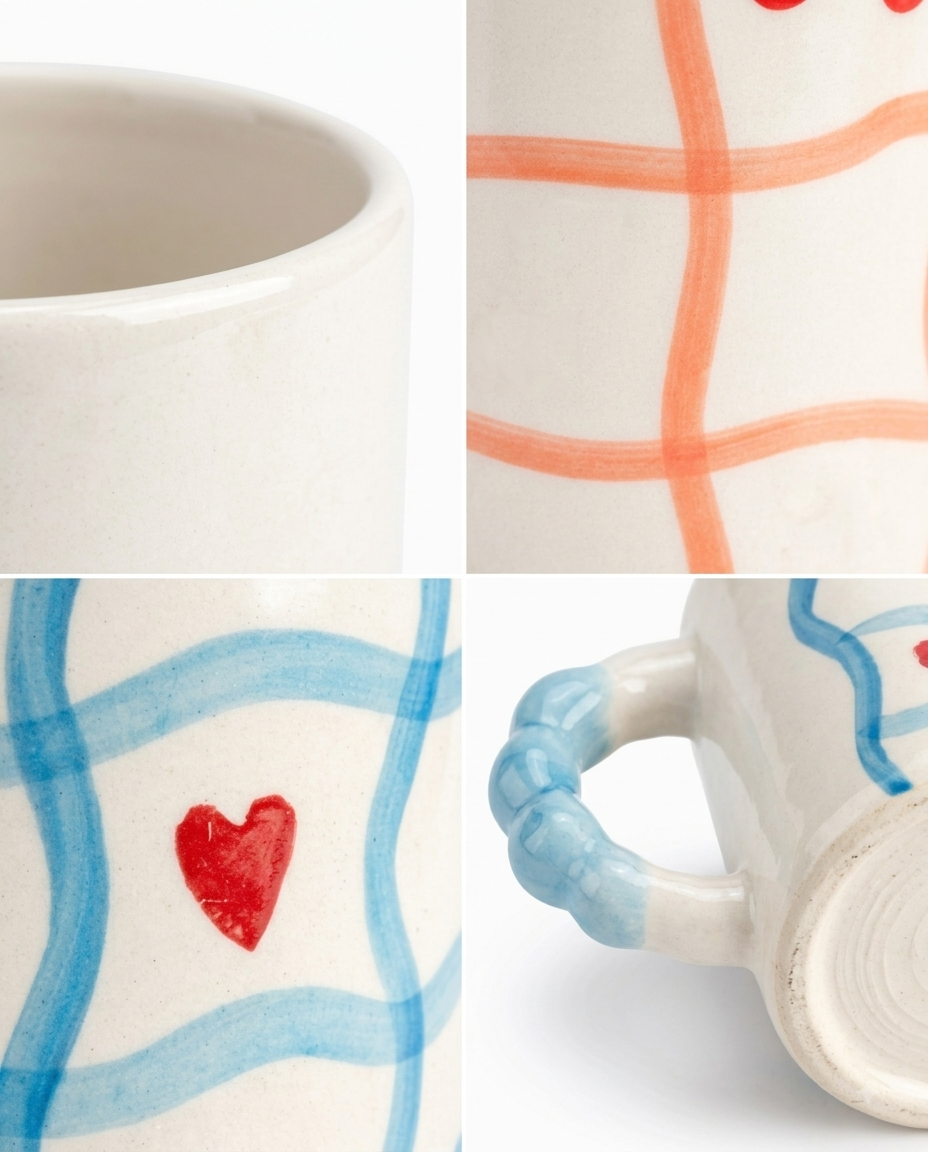 Hand-Painted Wavy Grid Ceramic Mug with Fruit Motifs Set of 4