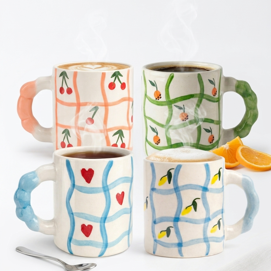Hand-Painted Wavy Grid Ceramic Mug with Fruit Motifs Set of 4
