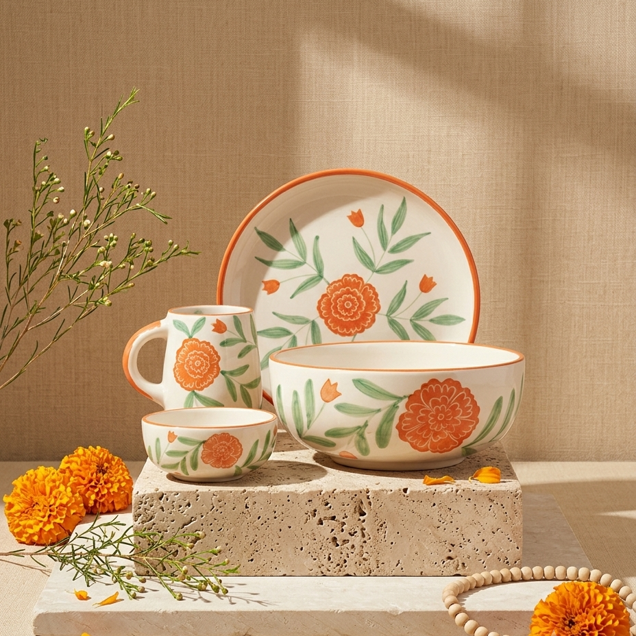 Marigold Mandi Handpainted Ceramic Breakfast Set of 4