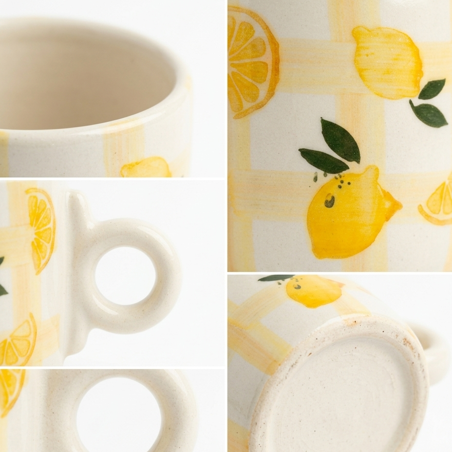 Handcrafted Lemon Ceramic Mug – 300 ml | Yellow Check Pattern Cup