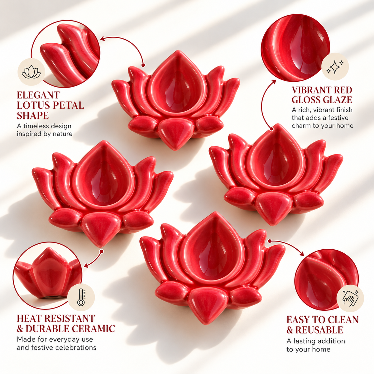 Red Lotus  Ceramic Diya's Set of 4