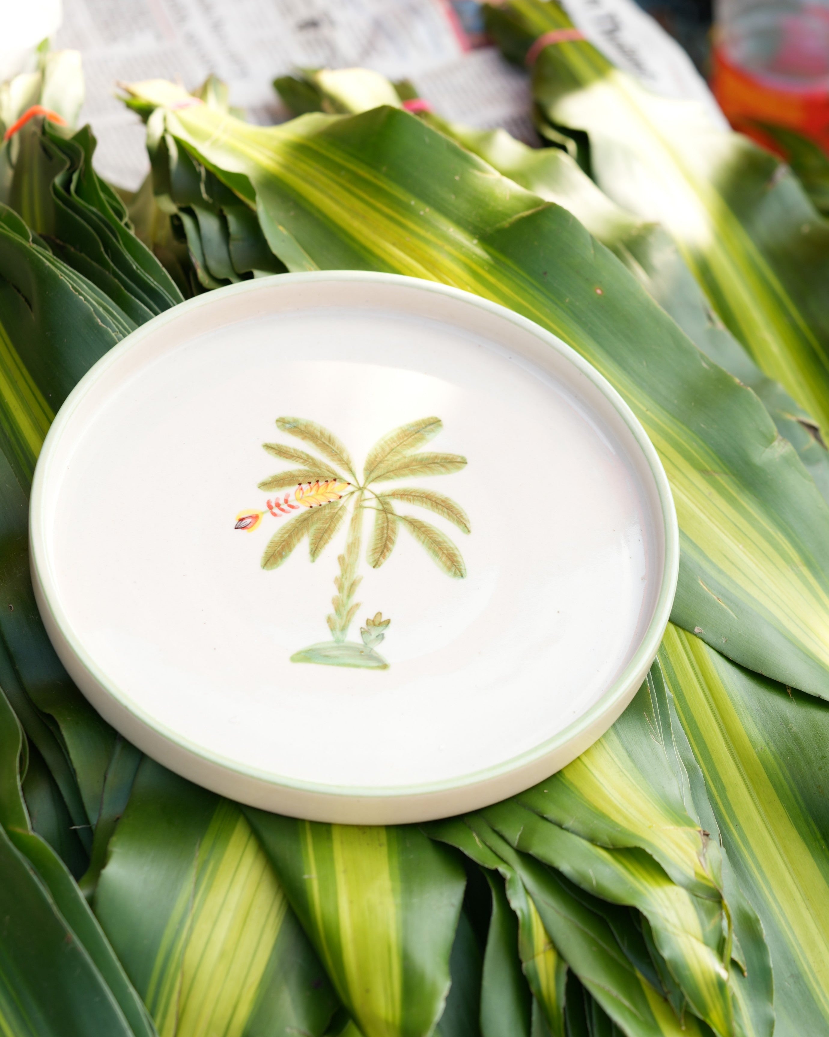White frisbee with palm tree design on green leaves