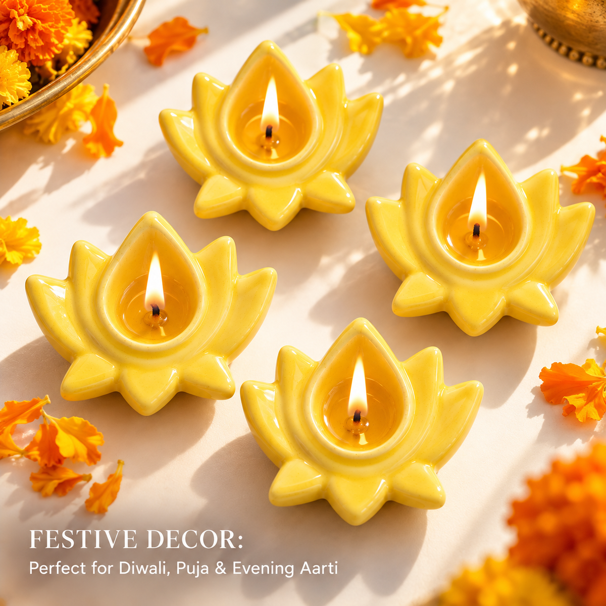 Yellow Lotus Ceramic Diya's Set of 4