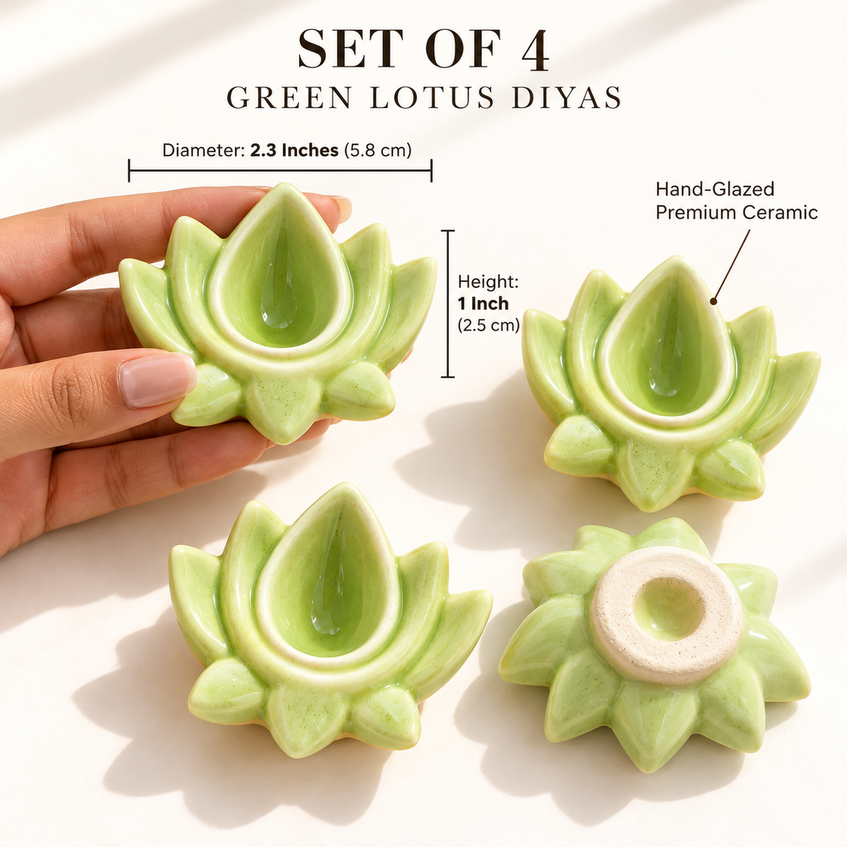 Green Lotus Ceramic Diya's Set of 4