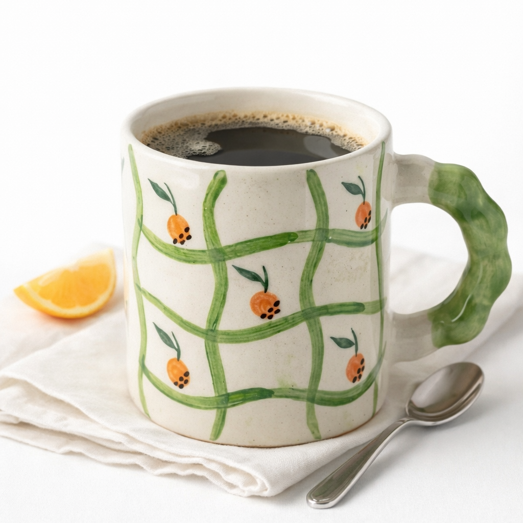 Orange Grid Handpainted Ceramic Mug – Green Handle