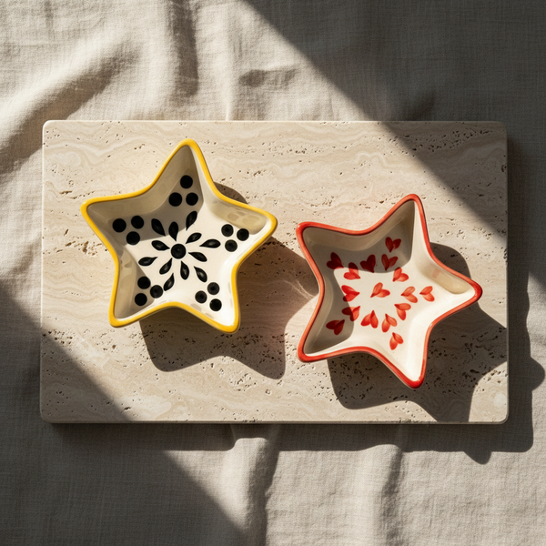 Two star-shaped ceramic bowls stacked vertically on a white background. The top bowl is cream-colored with a yellow rim and black floral dot patterns, and the bottom bowl is cream-colored with a red rim and red heart patterns.